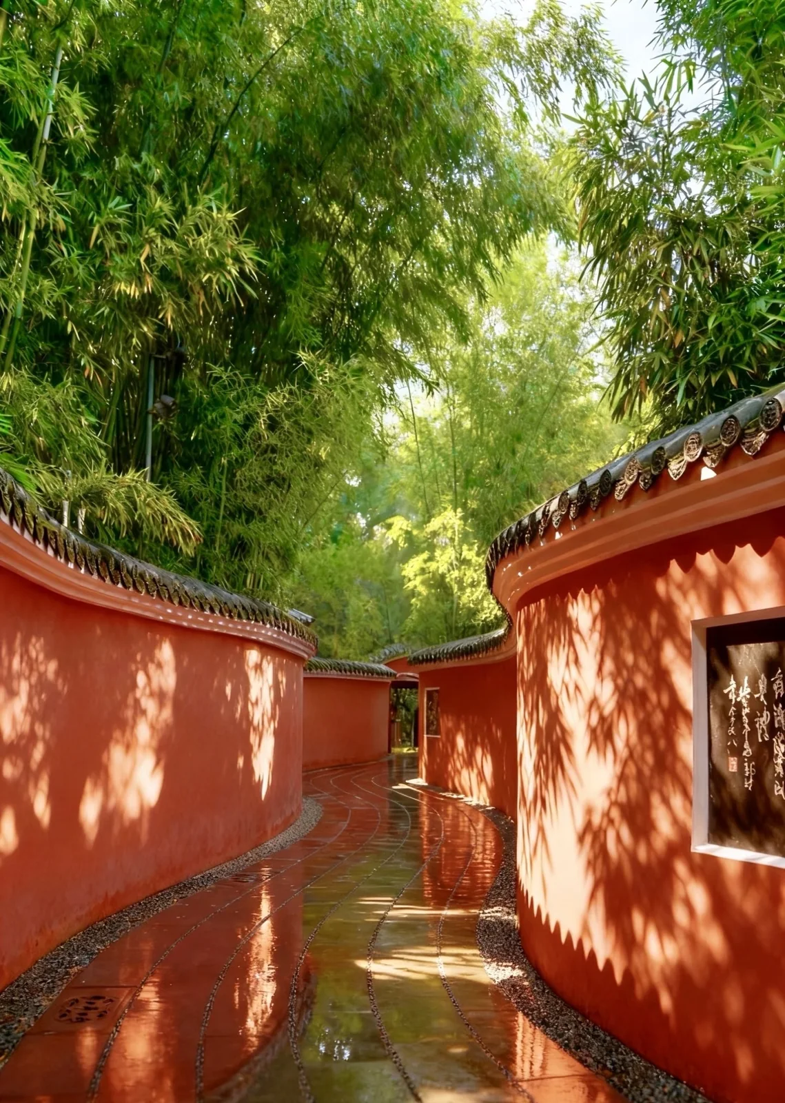 A quiet cultural walkway with red walls and bamboo in Chengdu