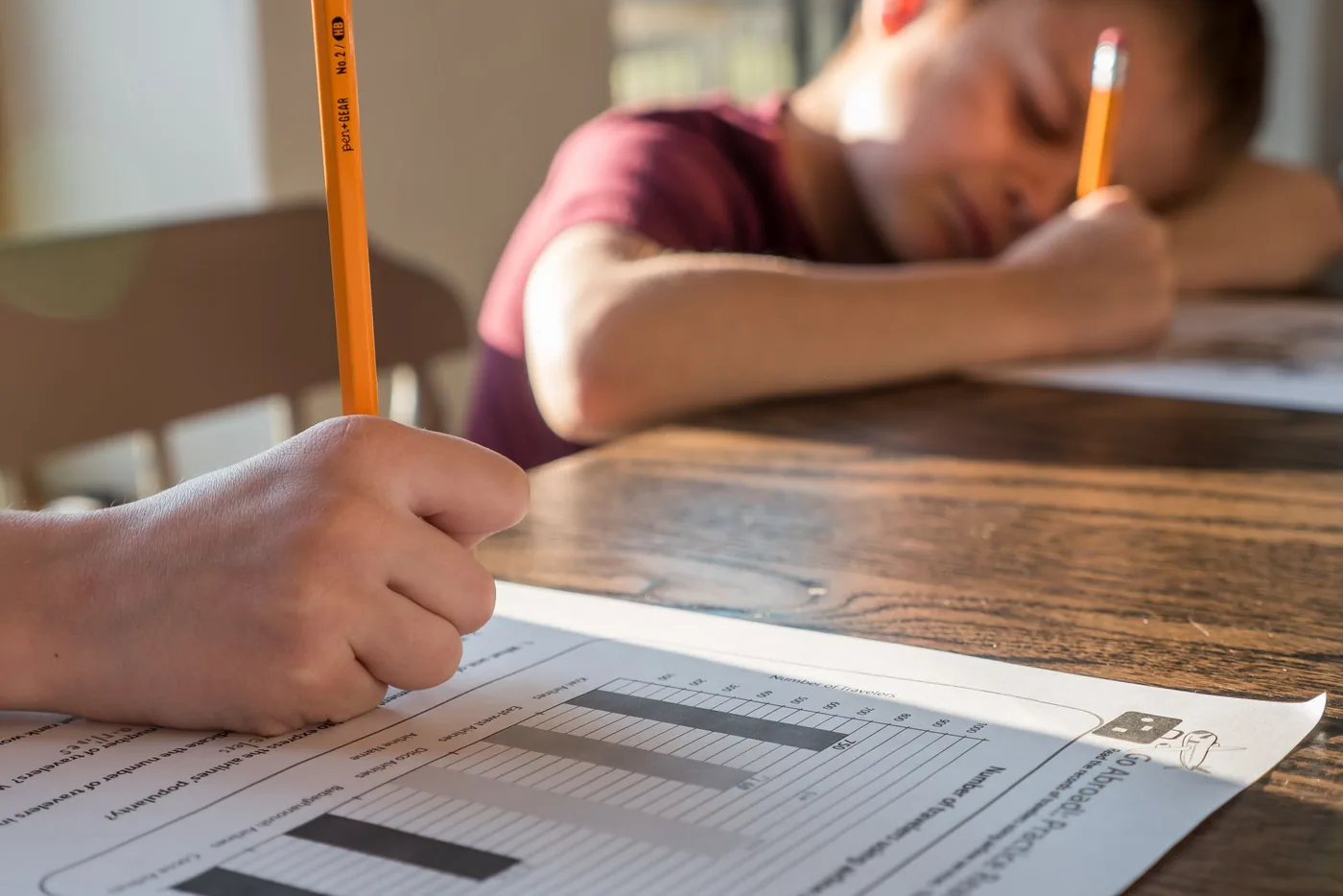 Children completing homework together in natural light